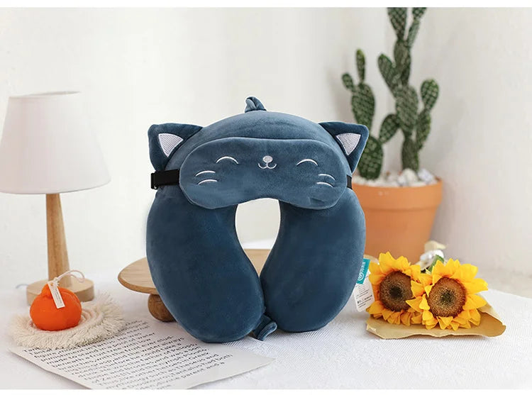 Coussin Malin Coussin de voyage Coussin de voyage avec masque de sommeil | Chat bleu