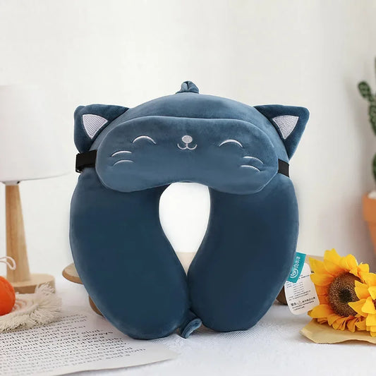 Coussin Malin Coussin de voyage Coussin de voyage avec masque de sommeil | Chat bleu