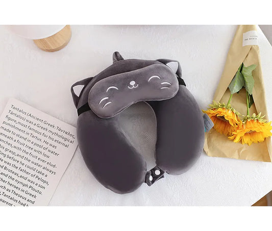 Coussin Malin Coussin de voyage Coussin de voyage avec masque de sommeil | Chat gris