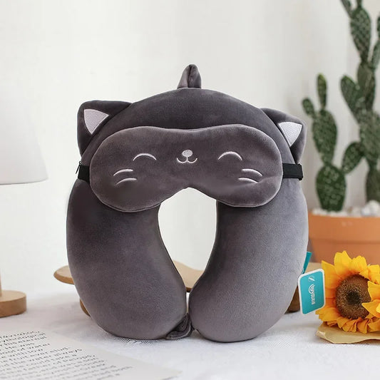 Coussin Malin Coussin de voyage Coussin de voyage avec masque de sommeil | Chat gris