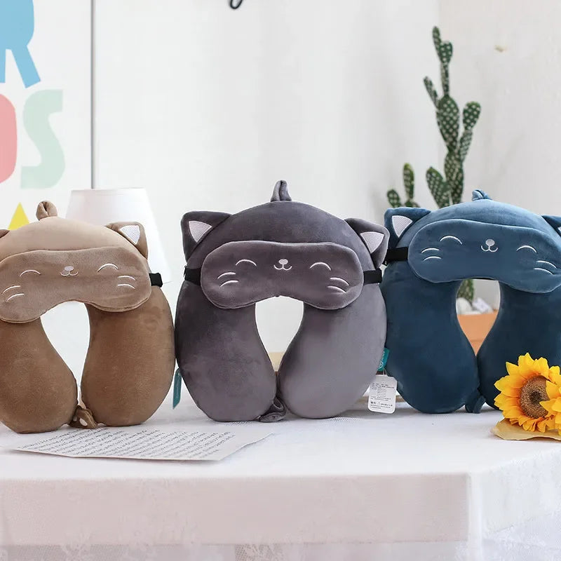 Coussin Malin Coussin de voyage Coussin de voyage avec masque de sommeil | Chat marron