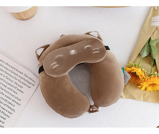 Coussin Malin Coussin de voyage Coussin de voyage avec masque de sommeil | Chat marron
