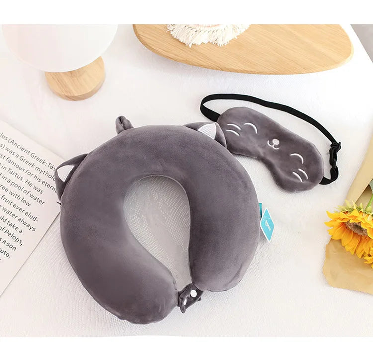 Coussin Malin Coussin de voyage Coussin de voyage avec masque de sommeil | Chat marron