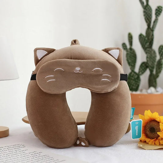 Coussin Malin Coussin de voyage Coussin de voyage avec masque de sommeil | Chat marron