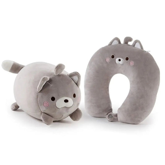 Coussin Malin Coussin de voyage Coussin de voyage avec peluche | Chat gris